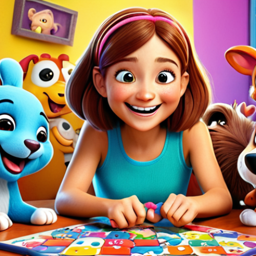 Home 11 **
"Energetic and cheerful cartoon character Jini surrounded by her cute animal friends, solving a puzzle together with bright colors, happy expressions, and a whimsical background. Focus on teamwork and learning."
**