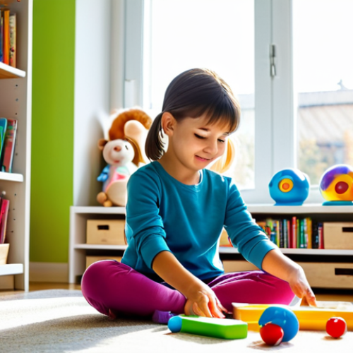 Home 6 **
A young, fully clothed girl with perfect anatomy is playing with colorful toys in a bright, family-friendly playroom. The room features soft lighting, bookshelves filled with children's books, and a large window showing a sunny day. The girl has well-formed hands and a natural pose. Safe for work, appropriate content, professional photo, modest.
**
