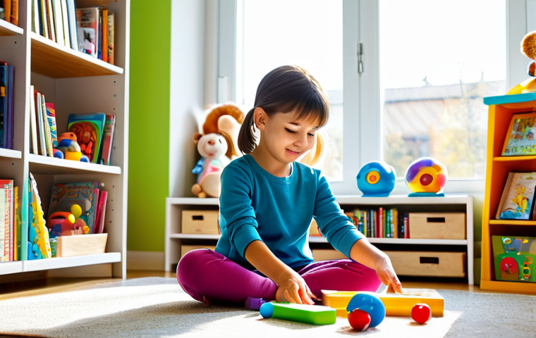 **

A young, fully clothed girl with perfect anatomy is playing with colorful toys in a bright, family-friendly playroom. The room features soft lighting, bookshelves filled with children's books, and a large window showing a sunny day. The girl has well-formed hands and a natural pose. Safe for work, appropriate content, professional photo, modest.

**