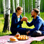 헤이지니 콘텐츠와 신체 활동 - Family Picnic in a Birch Forest**

A family (mother, father, child) enjoying a picnic in a sunny bir...