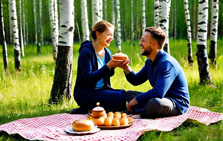 헤이지니 콘텐츠와 신체 활동 - Family Picnic in a Birch Forest**
A family (mother, father, child) enjoying a picnic in a sunny bir...
